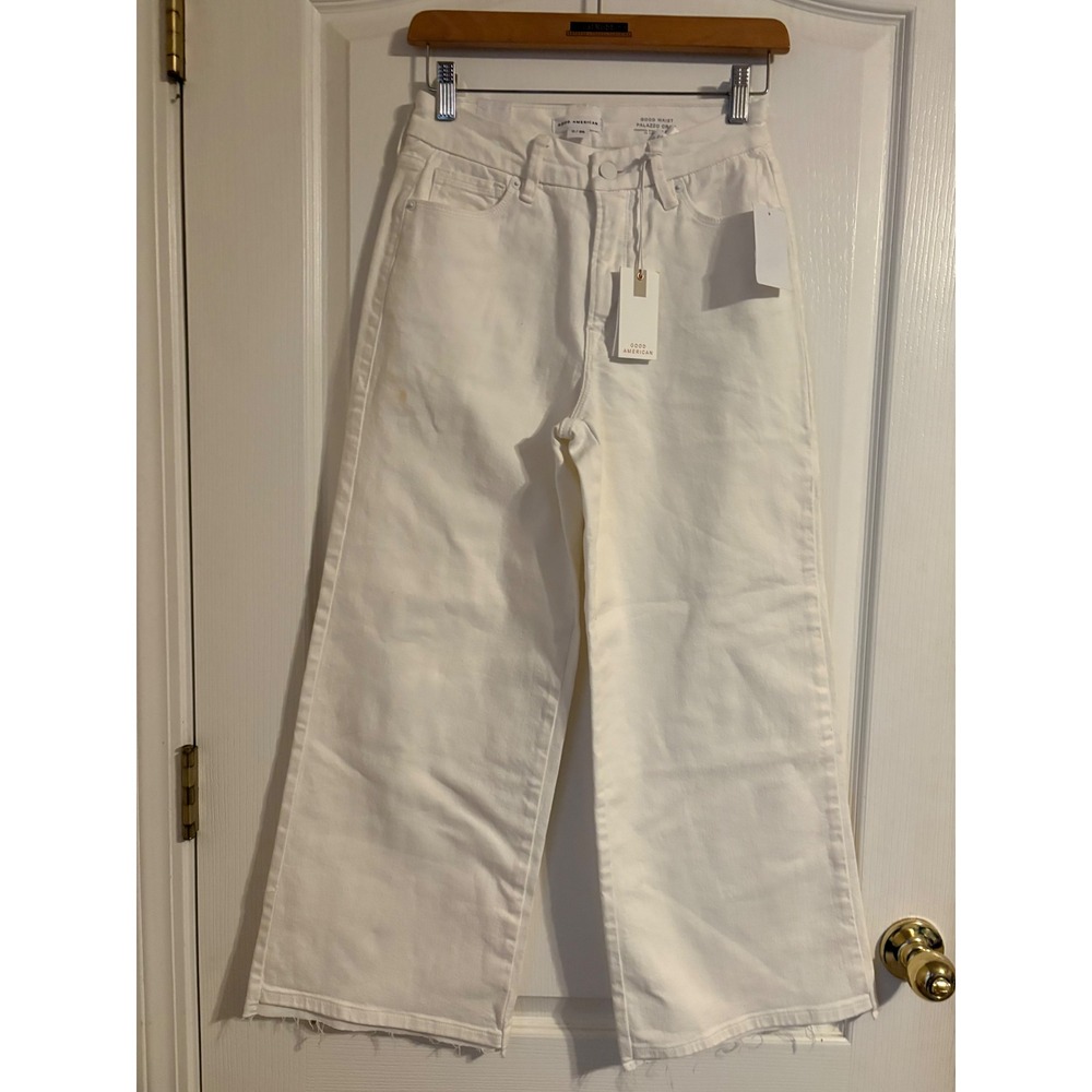 Good American Palazzo Crop Jeans Women 0/25 White NWT Wide Leg Raw Hem